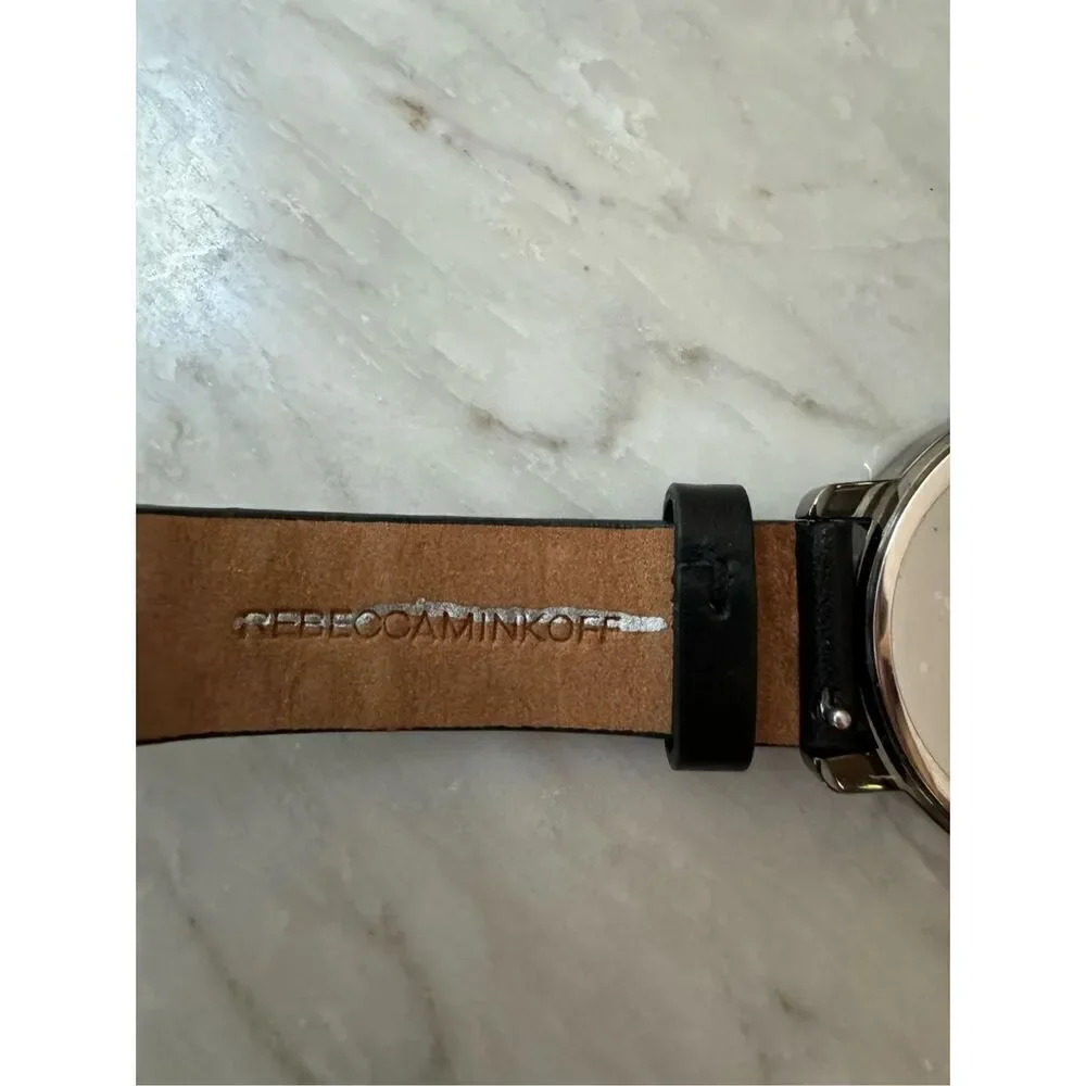 Rebecca Minkoff Black Leather Studded Strap Silver Dial Watch